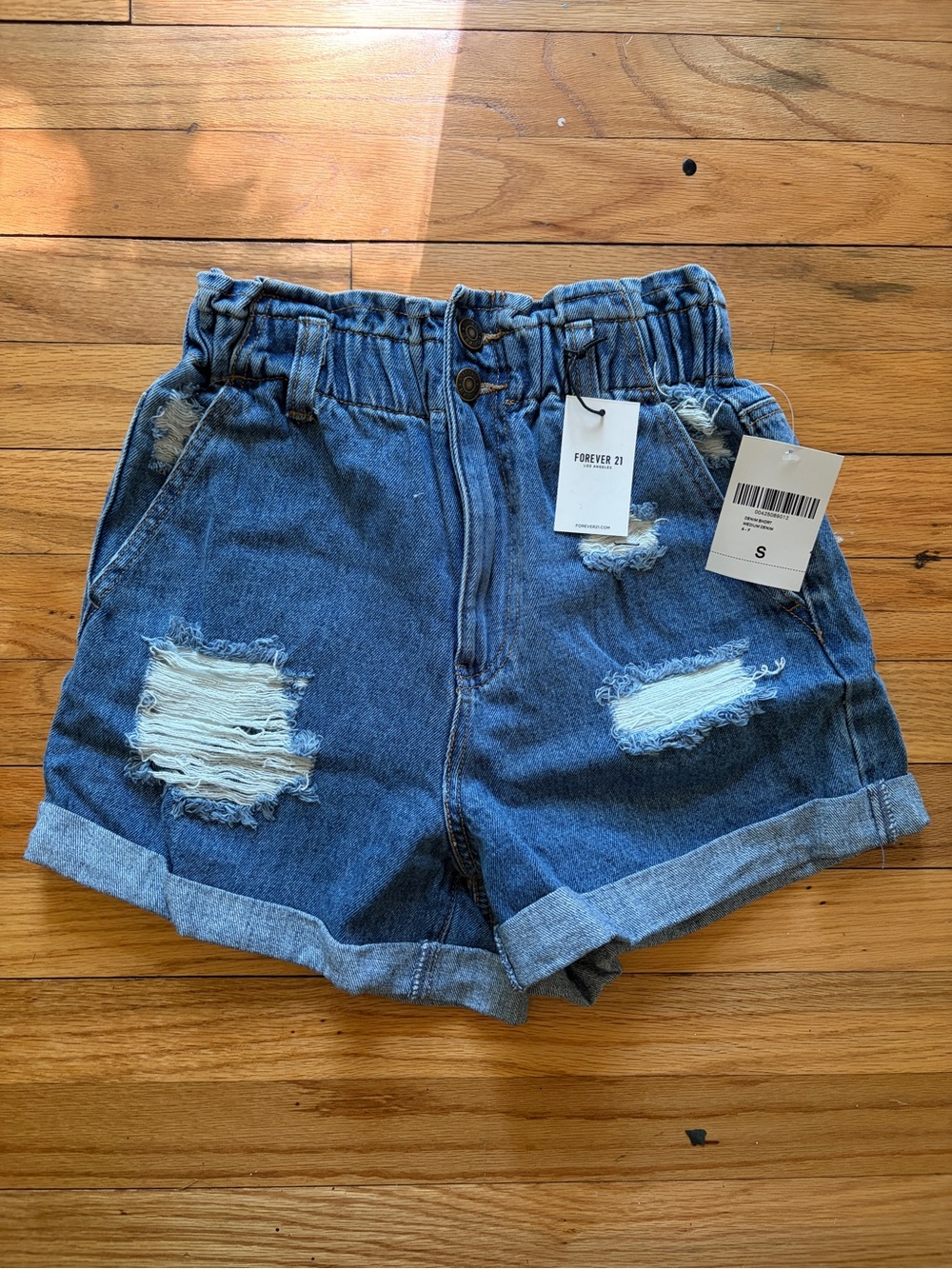 Forever 21 Blue Distressed Paperbag Waist Denim Shorts